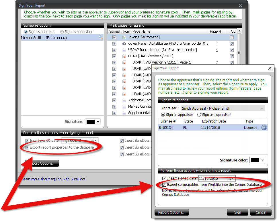 Export report properties when sigining