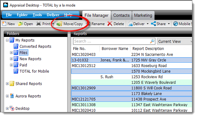 Move or copy selected reports